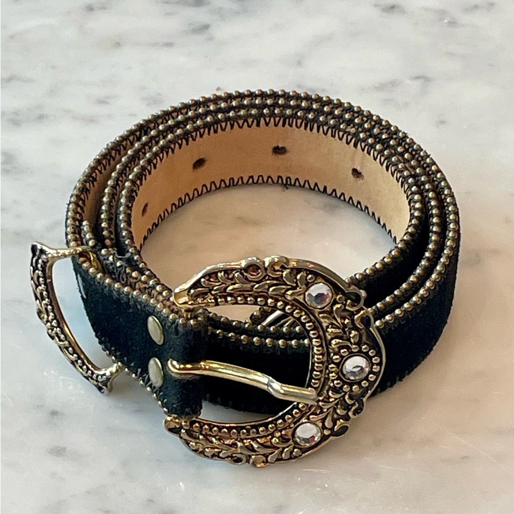 Streets Ahead Suede Belt, Ornate Gold Buckle, beaded trim, black - Picture 2 of 14